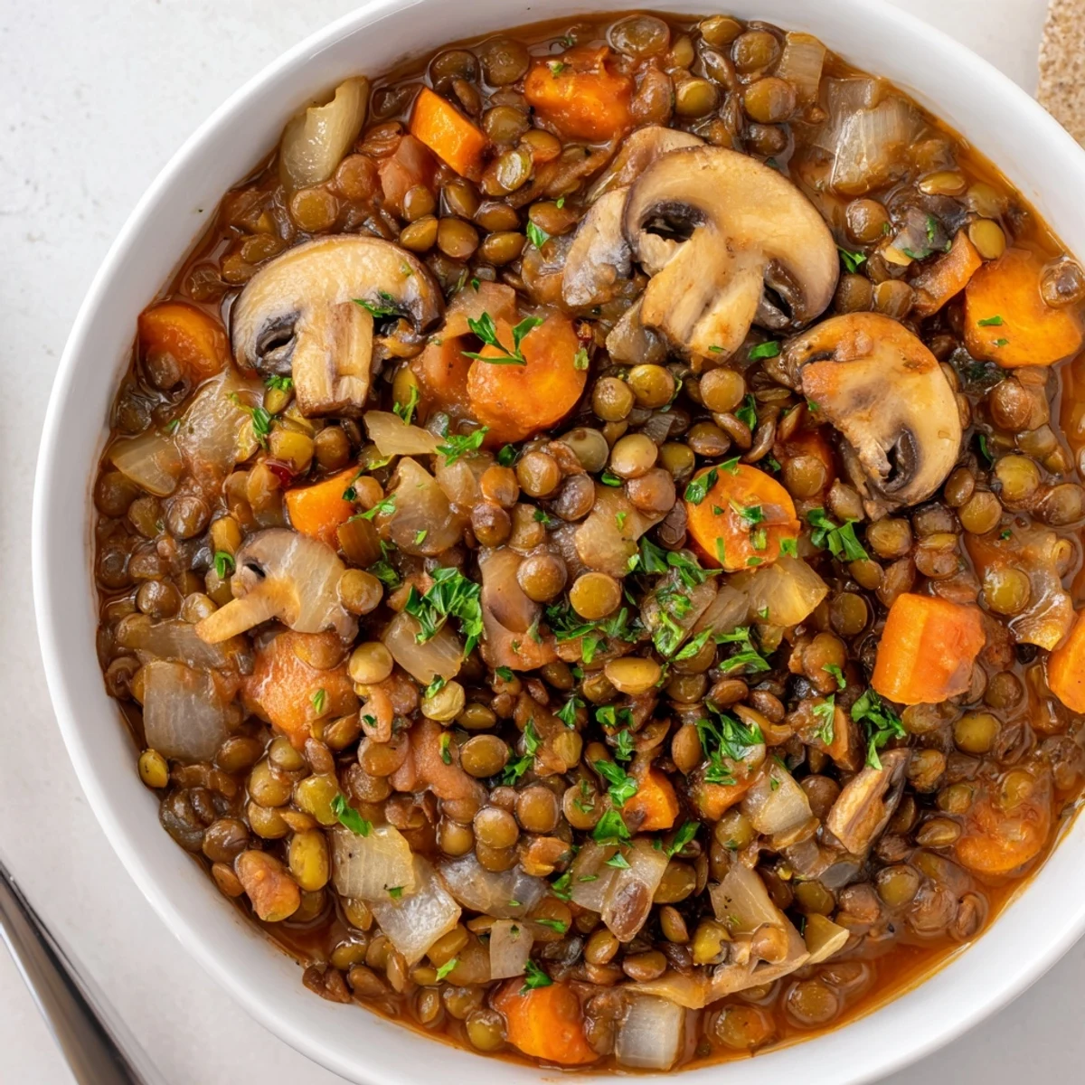 Herzhaftes Lentil and Mushroom Stew mit zarten Linsen und aromatischen Kräutern.